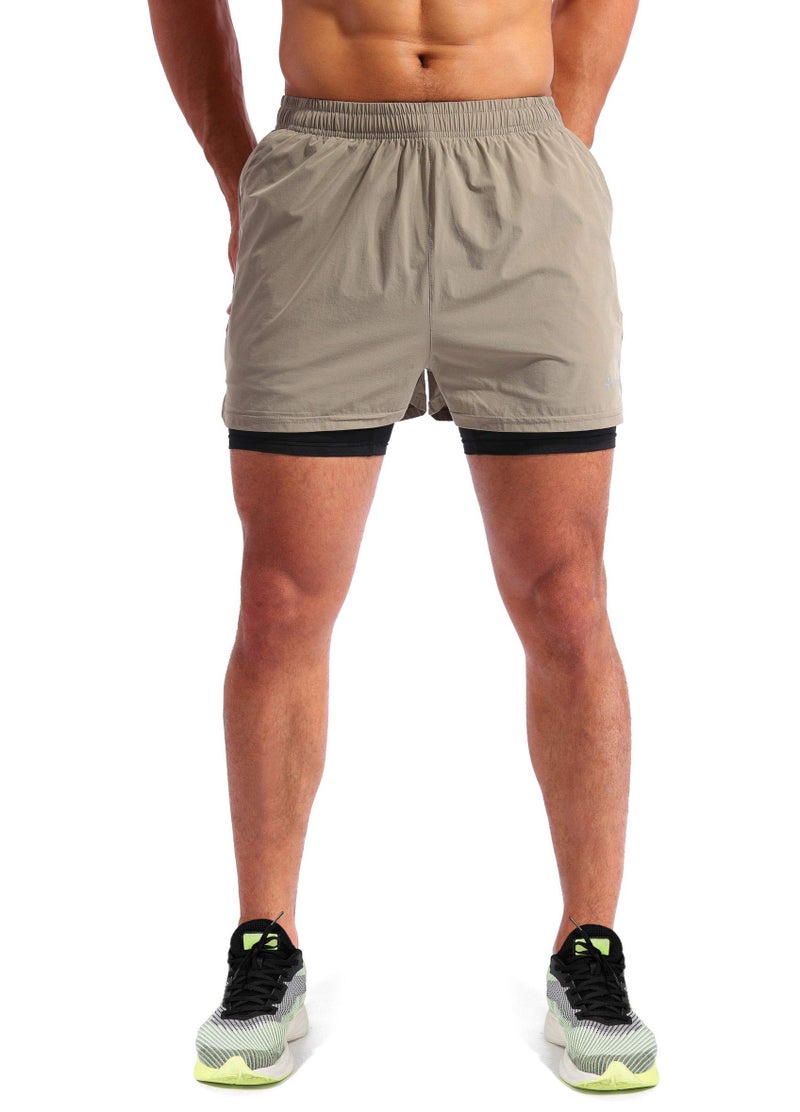 Pudolla Menâ€™s 2 in 1 Running Shorts 5" Quick Dry Gym Athletic Workout Shorts for Men with Phone Pockets(Khaki Medium) - Image 2